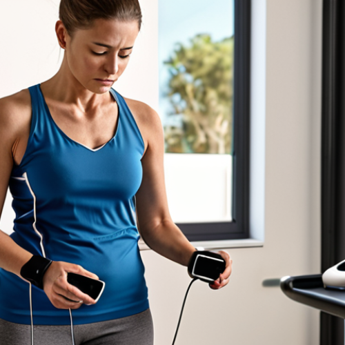 **Image Prompt:** A patient engaging in personalized exercise rehabilitation using AI, showcasing wearable devices collecting data (heart rate, steps, posture). The scene highlights the integration of technology for optimized recovery.