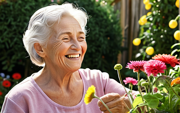 **

A senior woman smiles as she tends to her garden, showcasing improved breathing and quality of life after pulmonary rehabilitation. Focus on the bright, positive atmosphere and her active engagement in the activity.

**