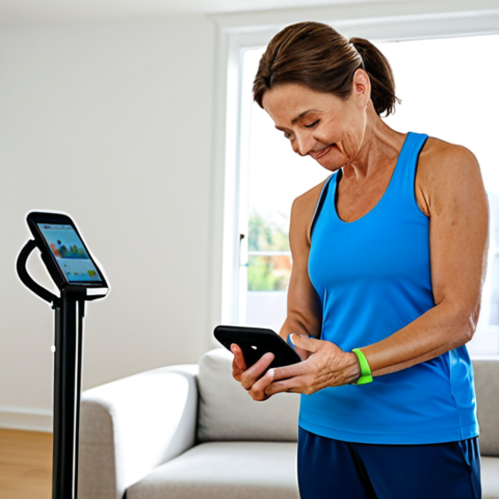 A middle-aged woman in comfortable, modest sportswear, performing gentle rehabilitation exercises in a bright, modern living room. She is looking at her smartphone, which is propped up on a stand, displaying a physical therapy app with clear exercise instructions. A subtle smartwatch is visible on her wrist. The room is tidy and well-lit, suggesting a peaceful home environment. The focus is on the seamless integration of technology into daily health management, promoting wellness and ease of use. fully clothed, appropriate attire, safe for work, perfect anatomy, correct proportions, natural pose, well-formed hands, proper finger count, natural body proportions, professional, modest, family-friendly, high quality, professional photography.