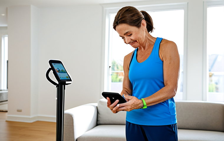 A middle-aged woman in comfortable, modest sportswear, performing gentle rehabilitation exercises in a bright, modern living room. She is looking at her smartphone, which is propped up on a stand, displaying a physical therapy app with clear exercise instructions. A subtle smartwatch is visible on her wrist. The room is tidy and well-lit, suggesting a peaceful home environment. The focus is on the seamless integration of technology into daily health management, promoting wellness and ease of use. fully clothed, appropriate attire, safe for work, perfect anatomy, correct proportions, natural pose, well-formed hands, proper finger count, natural body proportions, professional, modest, family-friendly, high quality, professional photography.